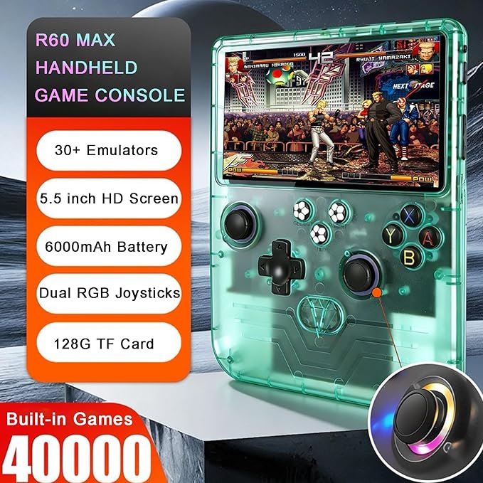 RegiisJoy R60 MAX 40000 in 1 Handheld Game Console, 5.5 Inch IPS Screen Retro Gaming Consoles Main Emulators, Portable Mini Pocket Arcade 6000mAh Battery,128G TF Card, RGB Joysticks