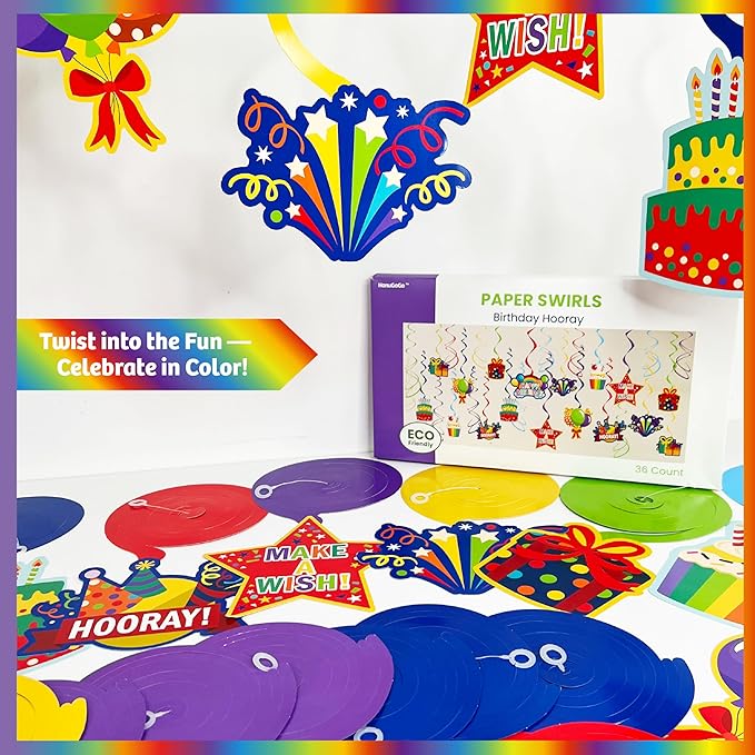 Colorful Birthday Hanging Swirl Decorations, 36ct Paper Ceiling Decor Set with Cutouts of Cakes, Gifts, Balloons & Stars, Vibrant Paper Party Supplies for Birthday Decor & Celebration Themes