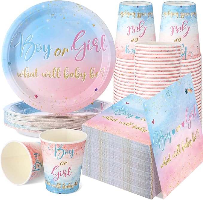Hushee 200 Pcs Gender Reveal Baby Shower Paper Plates Napkins Cups Baby Shower Party Supplies Tableware Set Disposable Cup Napkin for 50 Guest Party Decoration