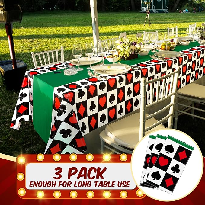 Hosuly 3 Pcs Casino Theme Party Decorations Poker Tablecloth Poker Plastic Disposable Table Cover Casino Theme Tablecloth for Game Birthday Playing Card Party Picnic Supplies, 51 x 108 Inch (Green)