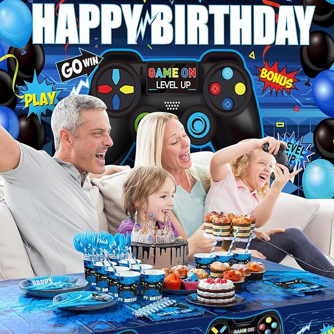 Tatuo 152 Pieces Video Game Birthday Party Supplies Gamer Party Table Cover Happy Birthday Backdrop Banner Tableware Balloons Sets for Boys Men Theme Party Decoration