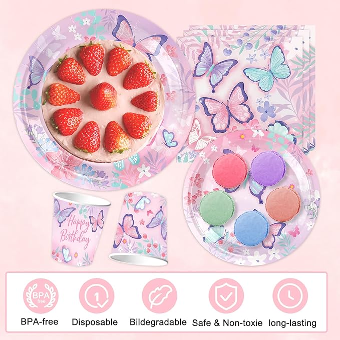 Butterfly Birthday Party Supplies Decorations Tableware Set Serves 25 Butterfly Disposable Paper Plates Napkins, Cups, Cake Toppers Tablecloth, Banner, and Balloons for Butterfly Decorations