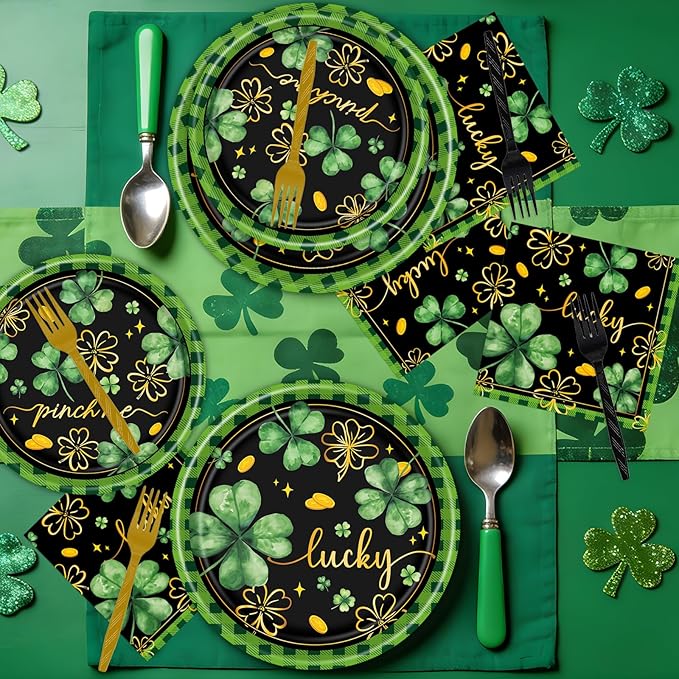 Rakuto St Patricks Day Plates and Napkins Decorations, 96PCS Lucky Green Shamrock Party Decoration, St Patrick's Day Disposable Forks Tableware Decor for Irish Birthday Holiday Serve 24