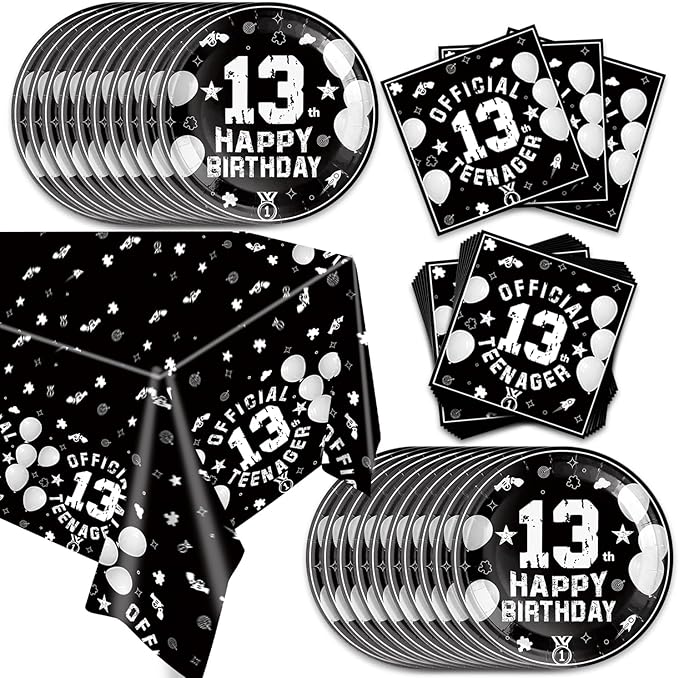 41pcs 13th Party Supplies - 20 Dessert Plates, 20 Napkins, 1 Tablecloth for Black Silver Birthday Party Decoration
