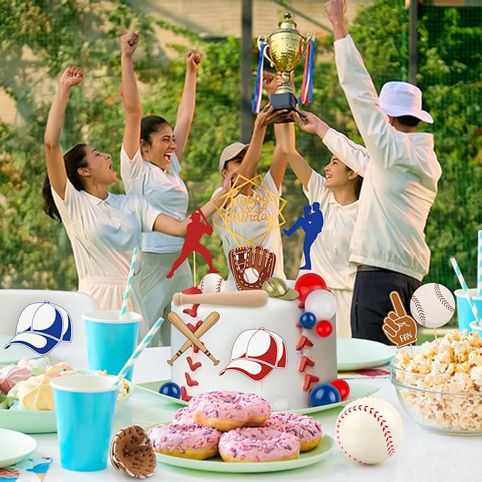 Baseball Cake Decorations 26PCS Baseball Cake Toppers for Boys Sports Theme Party Decoration with Baseballs Bat Glove Hat Player Red White Blue Balls for Baseball Themed Birthday Party Decorations