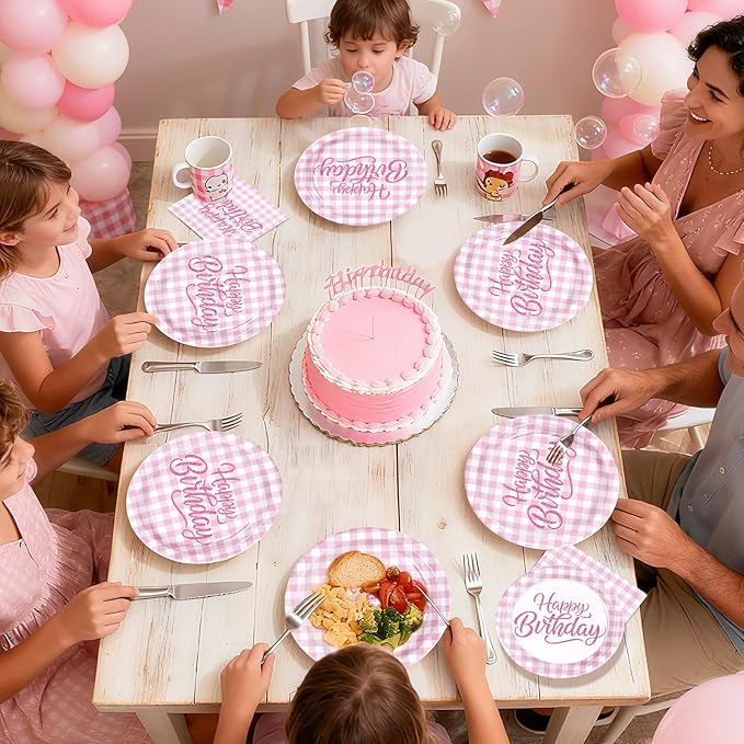 96Pcs Pink Gingham Birthday Decorations Pink and White Checkered Plates and Napkins Plaid Birthday Decoration Favors for Girl Women Christmas Bday Baby Shower Holiday Picnic Party Supplies Serves 24