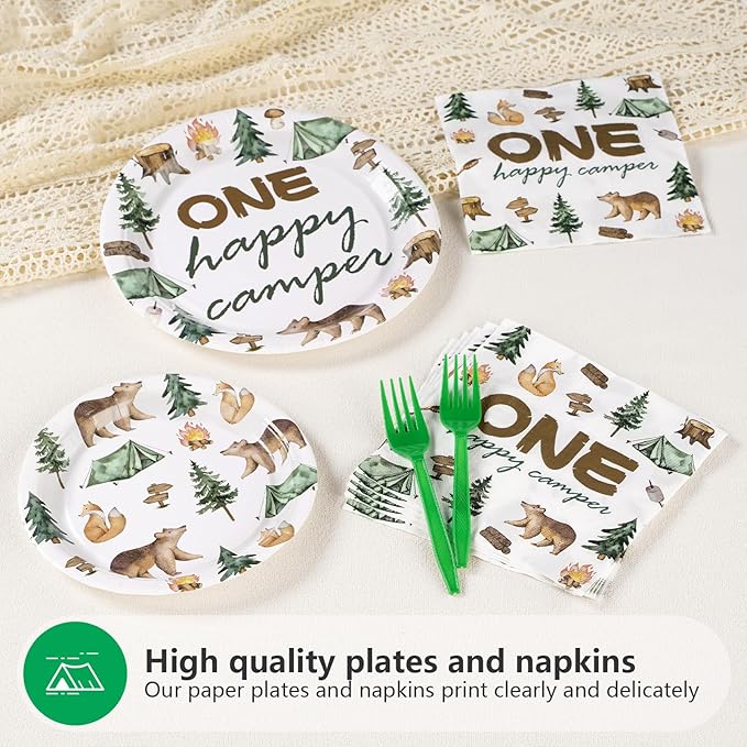 96 Pcs One Happy Camper Birthday Decorations Disposable Happy Camper Paper Plates and Napkins Tableware Set Camping 1st Birthday Party Supplies for Boys Adventure First Birthday Party Decor Serves 24