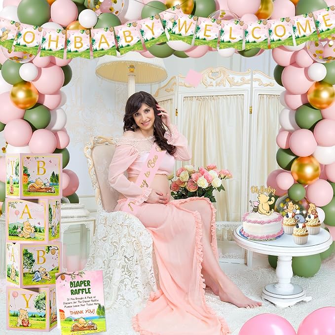 154 PCS Pink Winnie Baby Shower Decorations Kit Vintage Winnie Party Supplies Decorations, All-in-1-Balloon Garland Arch Backdrop, Tablecloth, Cake Topper, Banner, Box Decorations for Girl Baby Shower