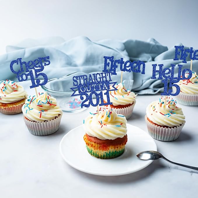 Ephlyn 24Pcs 15th Birthday Cupcake Toppers Glitter Straight Outta 2011 Cupcake Picks Hello 15 Cheers to 15 Years Cake Decorations for 15th Birthday Anniversary Party Decorations Supplies Blue
