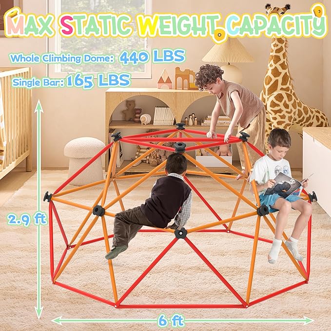Gardenature 6FT Climbing Dome for Kids 3-8, Jungle Gym for Indoor and Outdoor, Geometric Dome Climber Supporting 880 Lbs Anti-Rust Metal Play Structure, Kids Gift Toys, ASTM Approved, Red & Orange