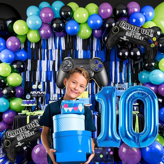 10th Birthday Video Game Balloons Arch, 10th Party Balloons Garland Kit 10th Birthday Supplies with Blue Number 10 Balloon Game Foil Balloons for 10 Year Old Teens Boys Decor