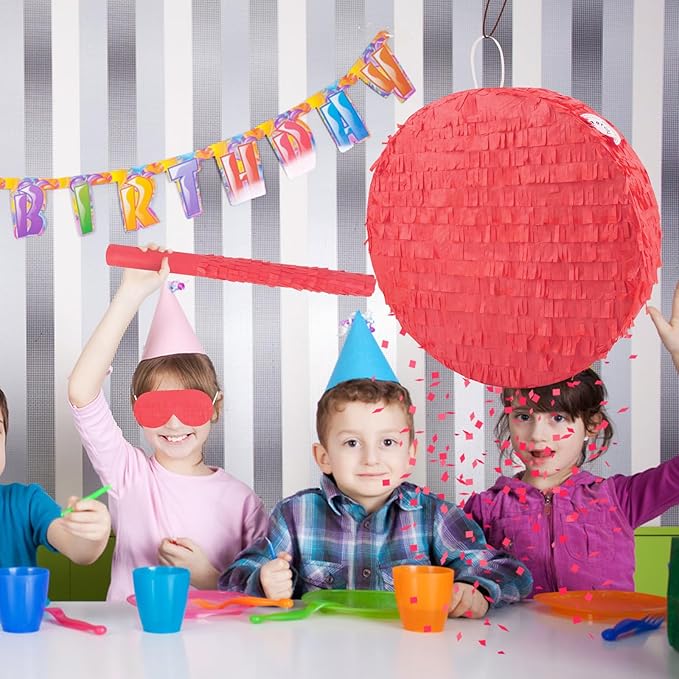 Red Round Pinata with Stick Blindfold and Confetti DIY Blank Pinata for Adults Kids Birthday Party Supplies Carnivals Thanksgiving Christmas Decorations