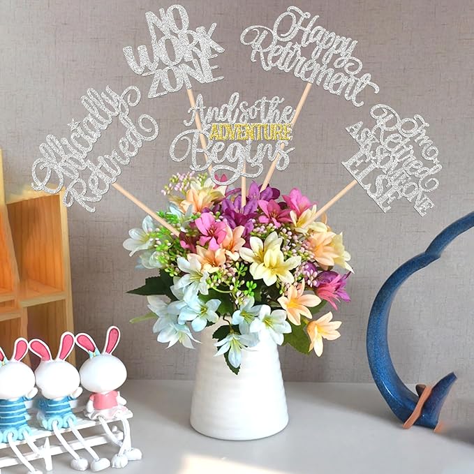 15 PCS Happy Retirement Centerpiece Sticks Officially Retired Table Flower Centerpieces Sticks No Work Zone Floral Decorations for Retirement Theme Farewell Birthday Party Centerpieces Supplies Silver