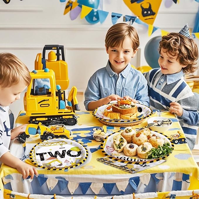 96 Pcs Construction 2nd Birthday Party Supplies Construction Truck Plates and Napkins Tableware 350GSM Excavator Birthday Decorations Favors for Boys Tractor Dump Two Years Old, Serves 24