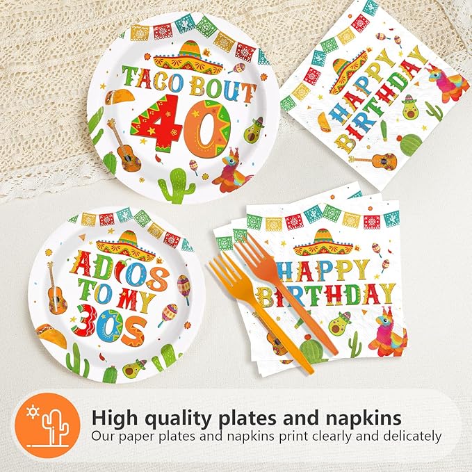 96Pcs Taco 40th Birthday Party Supplies Mexican Fiesta Adios To My 30s Plates and Napkins Disposable Mexican Tableware Sets for Adults Cinco De Mayo 40 Years Old Birthday Decorations,Serves 24﻿