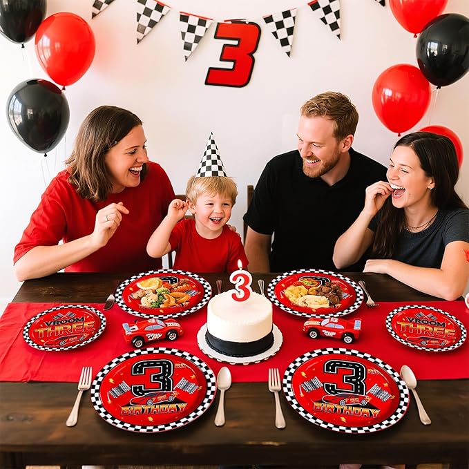 Grencian 96Pcs Red Race Car 3rd Birthday Party Decorations Supplies Hot Car Plates and Napkins Racing Themed Disposable Tableware Set for 3 years old Boys Transportation Birthday Party Serve 24