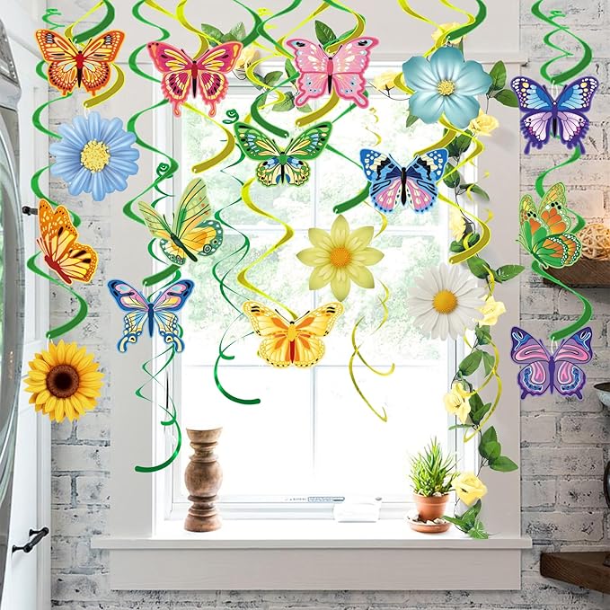 33pcs Spring Hanging Decorations for Home, Flower Butterfly Hanging Swirl Streamers for Spring Summer Easter Flower Butterfly Themed Birthday Party Classroom Decorations