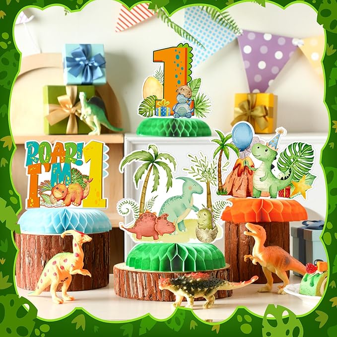 12 Pcs One a Saurus Birthday Decorations Dinosaur Honeycomb Centerpieces Dinosaur 1st Table Decoration Green Blue Dino Table Topper for Jungle Safari Birthday Party Favors Supplies