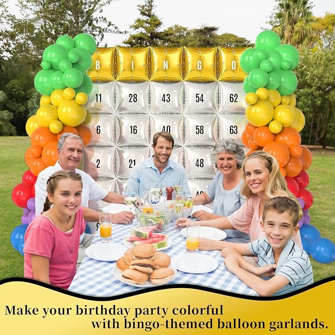 102Pcs Bingo Game Party Balloons Garland Arch Kit Black Gold and Silver Double Sided Square Foil Balloon Wall Backdrop with Colorful Latex Balloons & Letter Sticker for Bingo Party Birthday Decoration