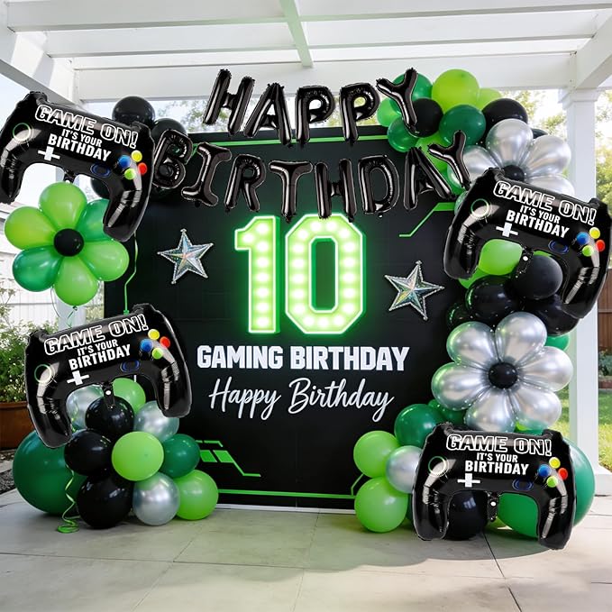 Black Happy Birthday Balloons, 29" Huge Video Game Controller Aluminum Foil Balloon Banner for Boys Birthday Gaming Party Decorations Supplies