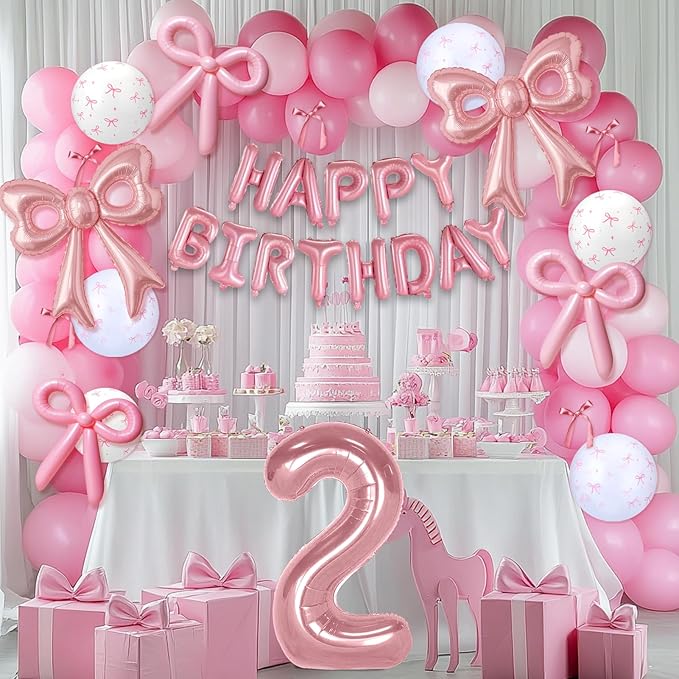 Bow Number 2 Birthday Balloons, 40” Pink Aluminum Foil Balloons Happy Birthday Balloon for Girl 2nd Birthday Party, Princess, Coquette Party Decorations Supplies