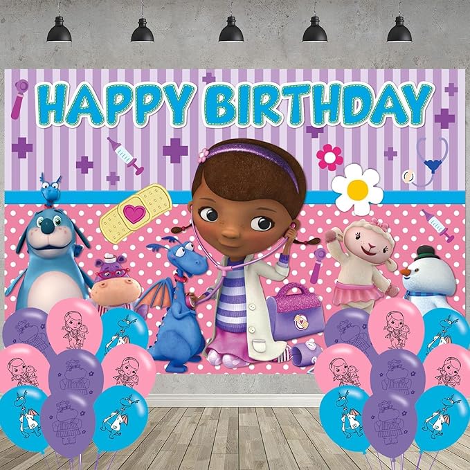 Doc Girls Birthday Party Decoration,Doc McStuffins Party Photo Background 5 x 3 FT and 18 Pcs Balloon,Cartoon Merch Party Backdrop Supplies