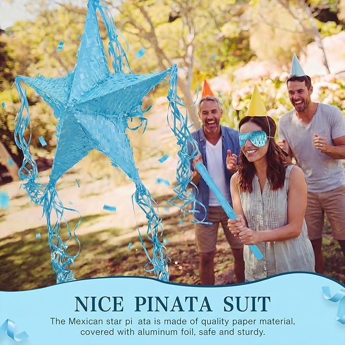 Hanaive Foil Star Piñata with Blindfold and Bat for Birthday Foldable Star Shape Piñata with Stick Festive Fiesta Party Supplies Favors for Mexican Party (Blue)