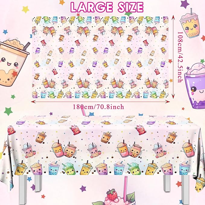 Boba Tea Party Decorations,3pcs Bubble Tea Birthday Tablecloths Waterproof Plastic Boba Table Covers for Boba Party Decorations