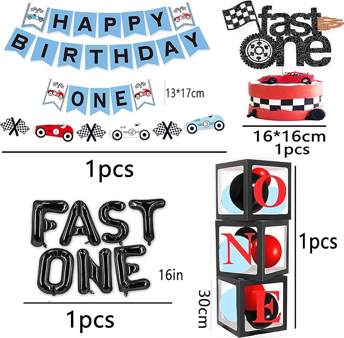 Fast One Race Car Birthday Decorations for Boys - 1st Birthday Set With Photo Banner and Balloon Box