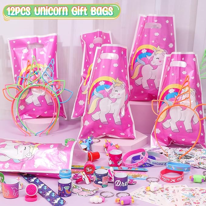 Winrayk 146Pcs Unicorn Party Favors Birthday Supplies Girls, Headband Bag Bracelet Stamper Keychain Slap Bracelet Tattoo Sticker Ring, Goodie Stuffer Pinata Filler Rainbow Unicorn Party Supplies Decor