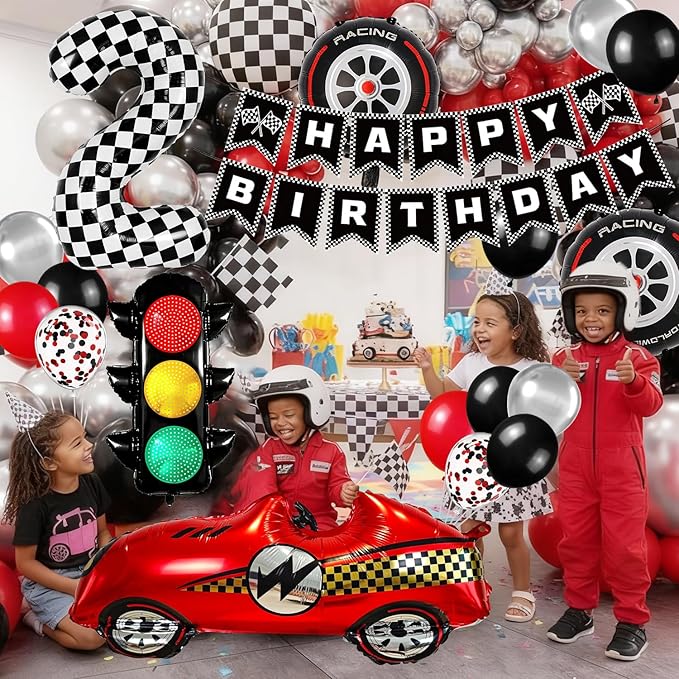 Race Car Birthday Party Decorations, with 40 Inch Number 2 Balloon, Happy Birthday Banner, Traffic Light and Foil Tire Balloon for 2nd Car Themed Birthday Party Supplies