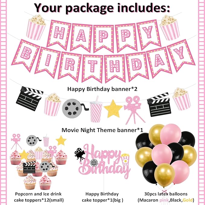 K KUMEED Happy Birthday Decorations,Movie Theme Party Decorations Pink Popcorn Camera Movie Theater Decorations Cute Cake Topper Latex Balloons for Birthday Party Movie Night Party Supplies Girls