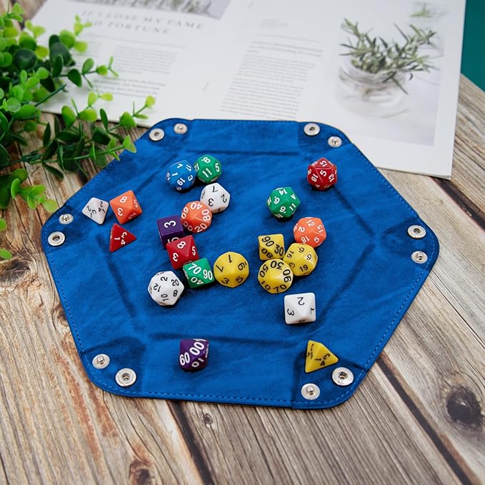 SIQUK 2-Piece Dice Tray - PU Leather Folding Hexagon Dice Holder for RPG, DND & Other Table Games (Royal Blue, Orange)