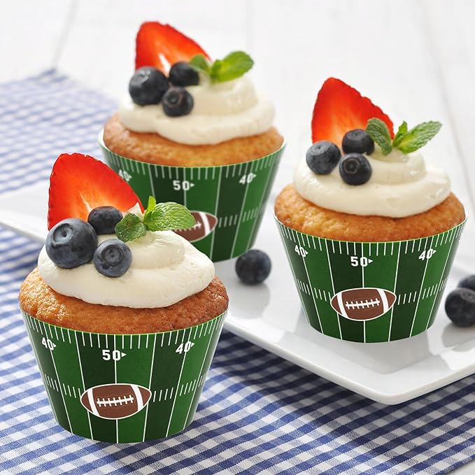 48 Pack Football Cupcake Toppers and Wrappers, Rugby Touchdown Cake Decoration for Football Theme Birthday Party Sports Game Day Party Supplies