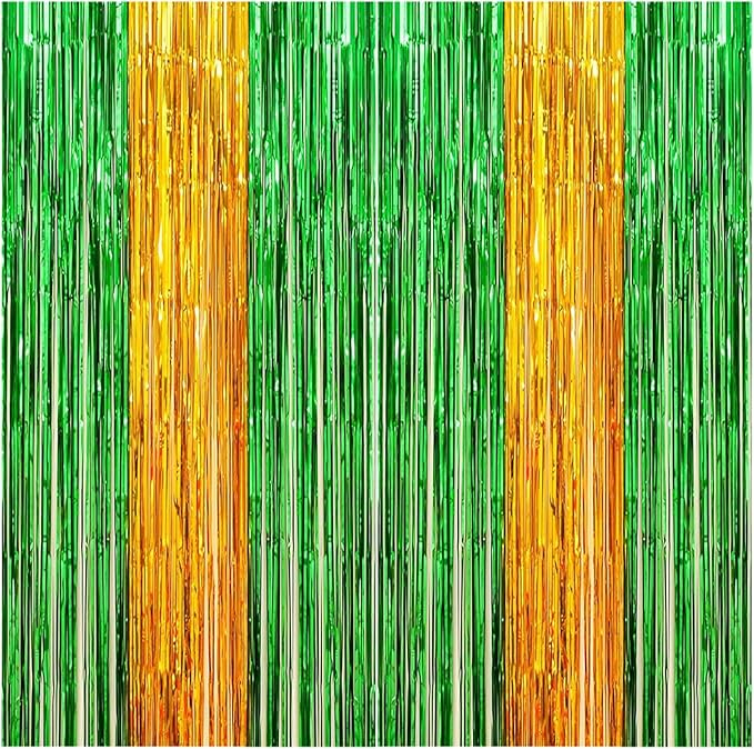 St. Patrick's Day Foil Fringe Curtains, 2 Packs of 3.3x6.6 ft Green Gold Tinsel Fringe Streamers Photo Booth Backdrop for Construction Party Decorations,Backdrop for Irish Themed Decoration