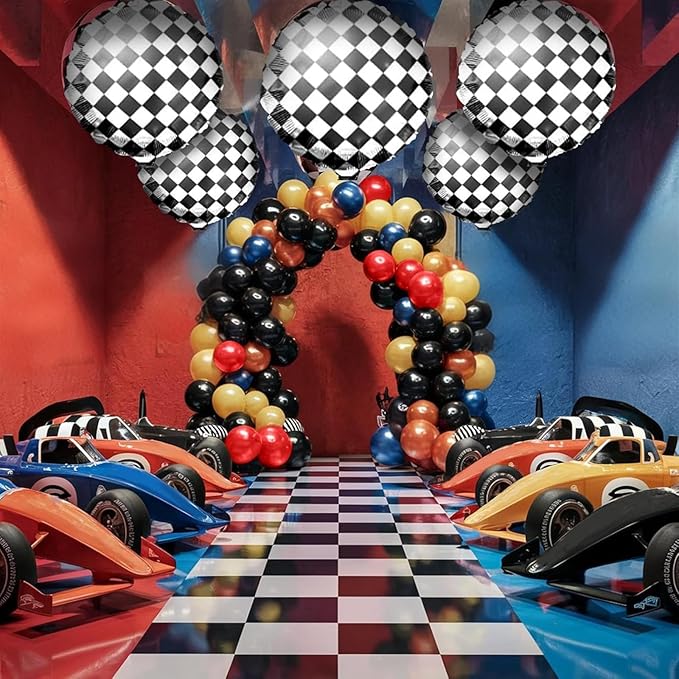 Racing Theme Balloons Arch Garland Kit, Blue Red Black Checkered Pattern Flag Foil Balloon, Racing Themed Decorations for Boys Birthday Party Baby Shower