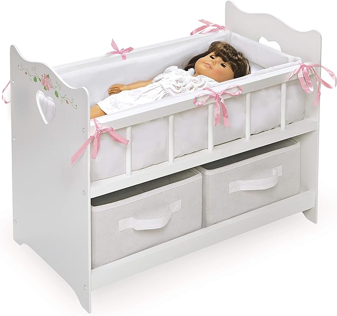 Badger Basket Wooden Doll Bed with Bed Liner, Pillows and Two Storage Baskets - Fits 18" Dolls - Ideal for Pretend Play and Baby Doll Fun - White/Rose Design with Free Personalization Kit