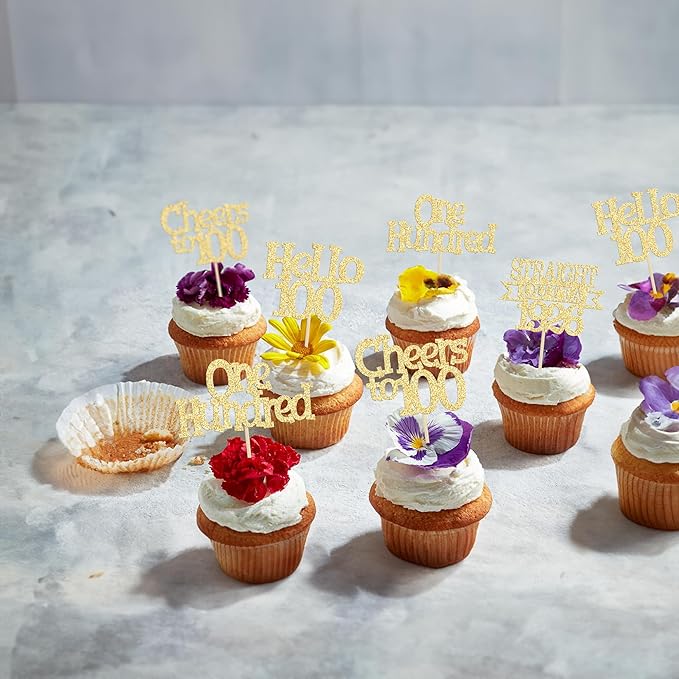 Ephlyn 24Pcs Happy 100th Birthday Cupcake Toppers Glitter Straight Outta 1926 Cupcake Picks Hello 100 Cheers to 100 Years Birthday Cake Decorations for 100th Anniversary Party Supplies Gold