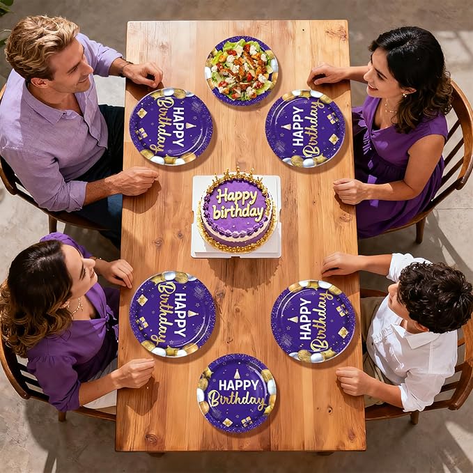 96Pcs Purple and Gold Birthday Party Decorations for Women Purple and Gold Happy Birthday Plates and Napkins Sets Princess Decorations for Girls Lady Bday Party Supplies Serves 24