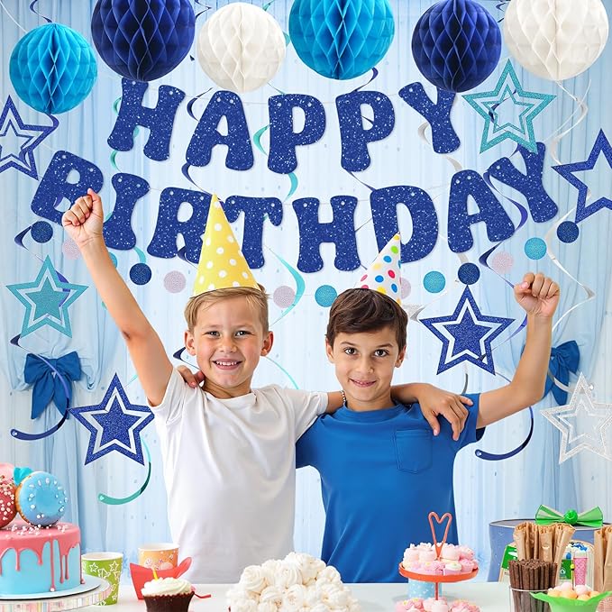Amandir Birthday Decorations for Boys Men, Glitter Happy Birthday Banner with Honeycomb Balls, Star Hanging Swirls Streamers, Circle Dots Garland, Blue Birthday Party Decorations Supplies Girls Women