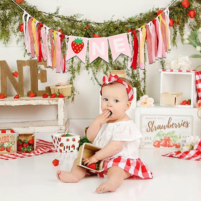 Strawberry First Birthday High Chair Banner - Berry Themed Party Decor, 1st Birthday Party Supplies For Baby Girls And Boys, Strawberry Themed Banner, Photo Props