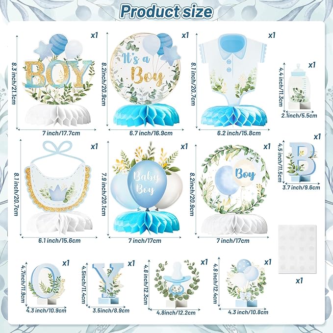 ANGOLIO 12Pcs It's a Boy Baby Shower Honeycomb Centerpieces Watercolor Blue Baby Shower Party Honeycomb Centerpieces Boy Baptism Decorations for Table Gender Reveal Baptism 1th Birthday Party Supplies