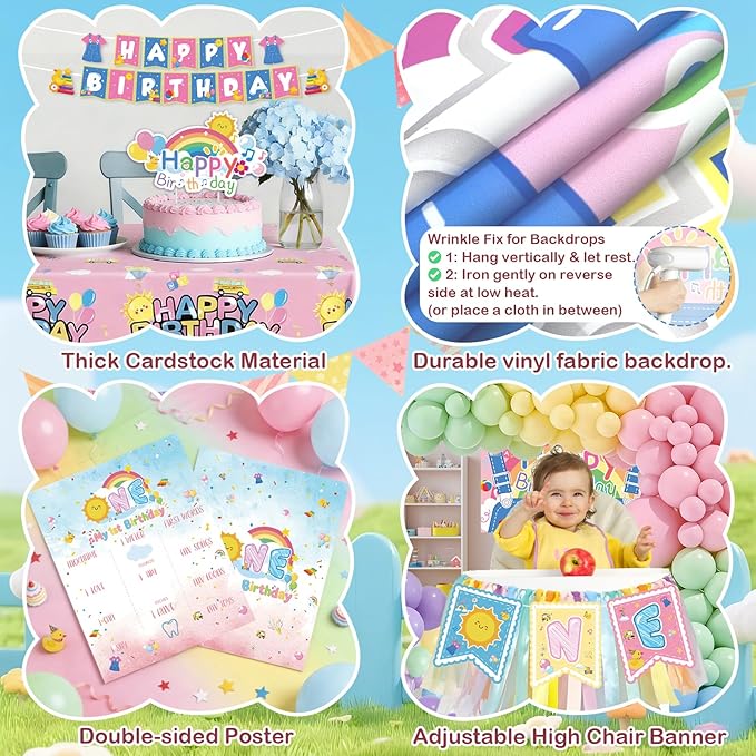 135 pcs Rachell English Teacher Party Supplies, 1st Birthday Decorations Girl & Boy, Photo Banner Balloons Poster Crown High Chair Banner Cake Topper Cartoon Theme Backdrop for Kids Birthday Decor