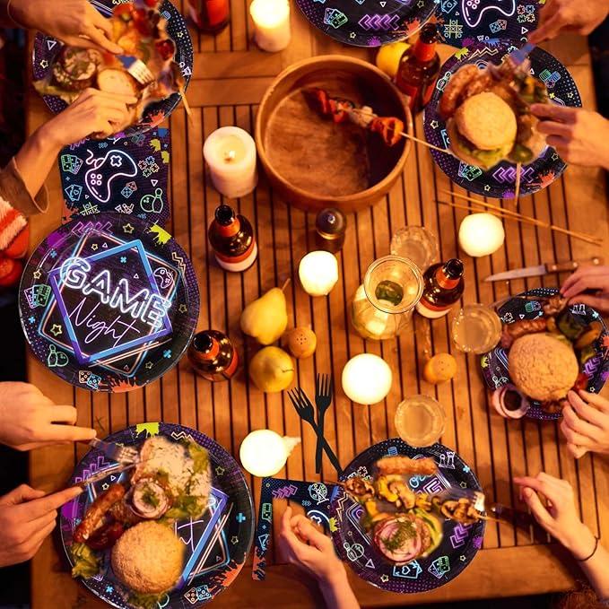 96Pcs Video Game Party Decorations Glow Neon Game On Plates and Napkins Tableware Set Game Night Decorations for Boys Game On Gamer Birthday Sleepover Slumber Prom Gaming Party Supplies Serves24