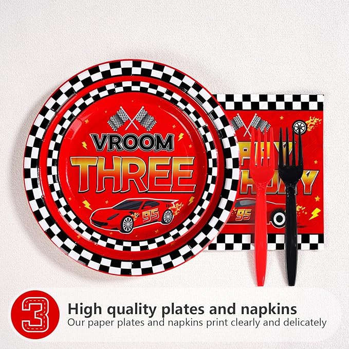 Grencian 96Pcs Red Race Car 3rd Birthday Party Decorations Supplies Hot Car Plates and Napkins Racing Themed Disposable Tableware Set for 3 years old Boys Transportation Birthday Party Serve 24