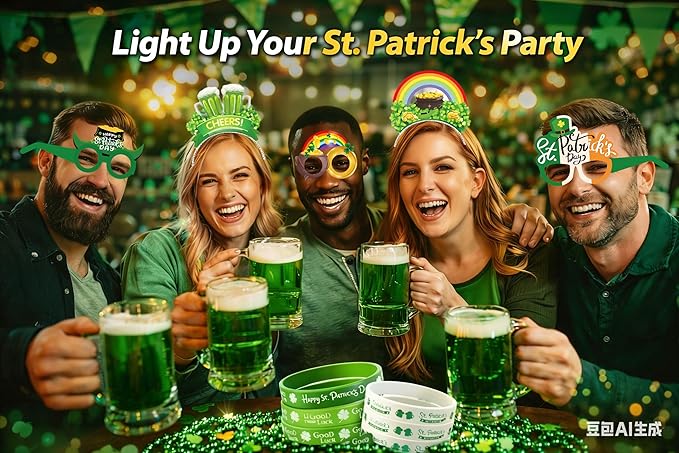Ansoufien 48 PCS St. Patrick's Day Accessories & Irish Party Supplies - 6 Headbands, 12 Glasses, 6 Necklaces, 12 Wristbands, 12 Sheets (33 Patterns) Tattoos - Shamrock Dress Up