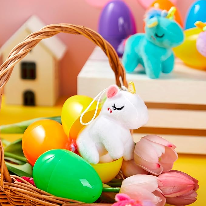 JOYIN 12 Pcs Filled Easter Eggs with Plush Unicorn, Bright Colorful Eggs Prefilled with Variety Plush Unicorn for Kids Toddlers Easter Hunt, Basket Stuffers and Party Favors