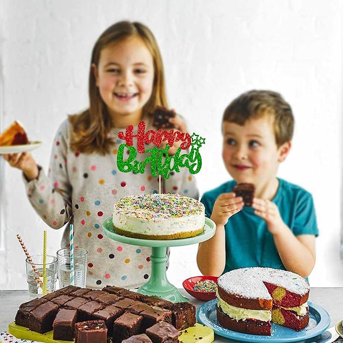 Ephlyn 1Pcs Happy Birthday Cake Topper Glitter Happy Birthday Cake Pick for Christmas Theme Baby Shower Anniversary Party Decorations Supplies Red Green