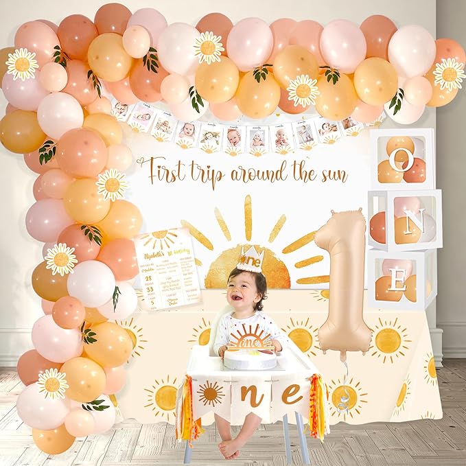 First Trip Around The Sun Birthday Decorations Party Supplies, Boho Sun 1st Birthday Decorations for Girl, First Trip Around The Sun Balloon Box Backdrop