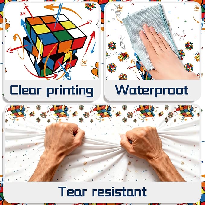3 Pcs Magic Cube Pattern Disposable Tablecloth, Colorful Geometric Design Birthday Tablecloth Party Supplies for Smart Fun Kids Adult Celebrations,54 * 108 Inch.